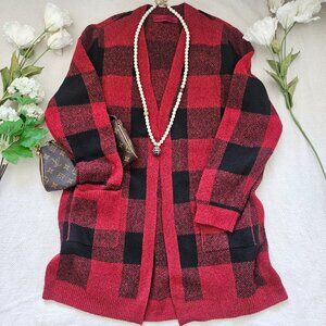 Buffalo Plaid Red Black Long Cardigan Cozy Knit Open Front XL